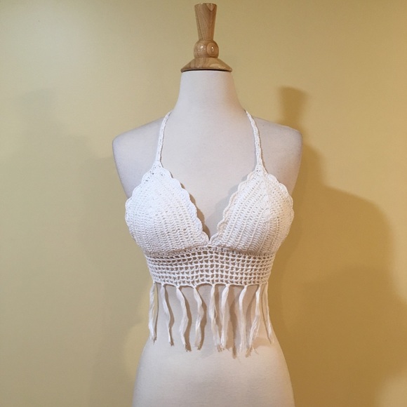 Crochet Fringe Tie Back Halter Crop - Picture 2 of 4